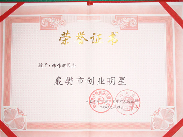 襄陽市創業明星榮譽證書